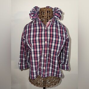 Aerie Upcycled Pink & Blue Plaid Ruffle Collar Button-Up Shirt. Small-Medium.